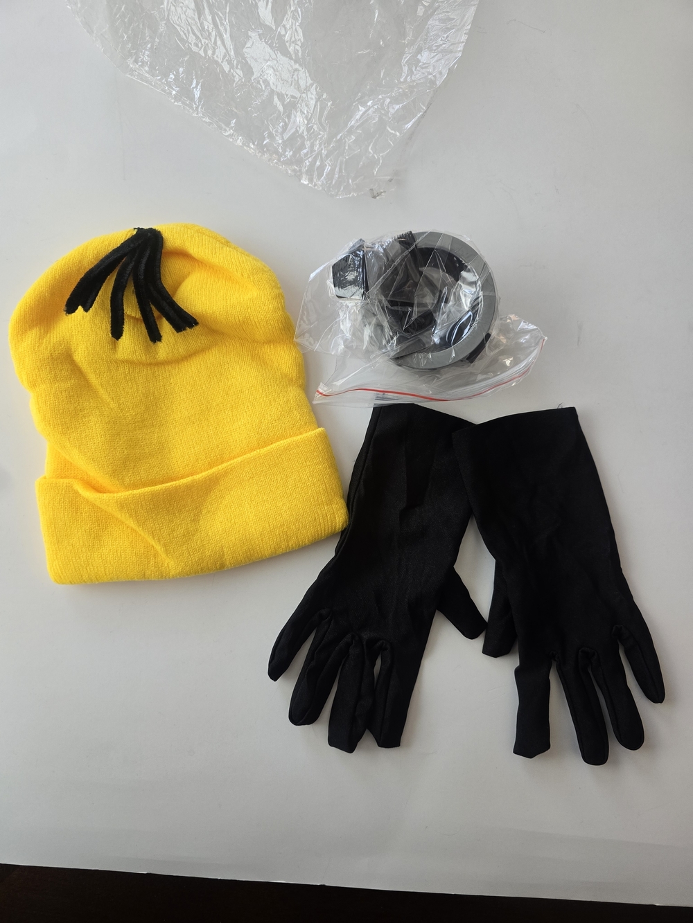 Yellow Beanie Hat with Black Tassel & Black Gloves Set